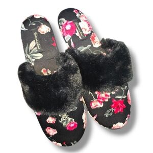 Victoria's Secret | Black Floral Satin Faux Fur Lined Collar Slippers SIZE LARGE